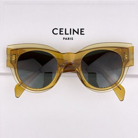 NEW Celine CL40008I 39N Unisex Shiny Yellow Green Rounded Cat Eye Sunglasses - Picture 8 of 12